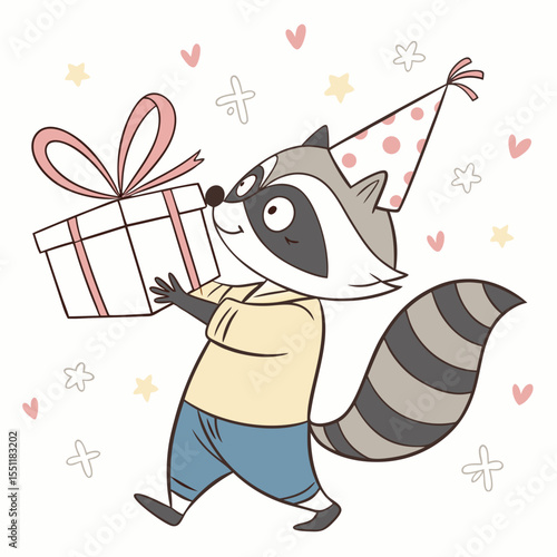 Festive raccoon character delivering a present with celebratory decorations around