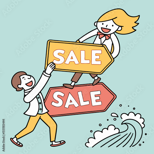 Whimsical sales promotion with buoyant characters navigating waves of commerce