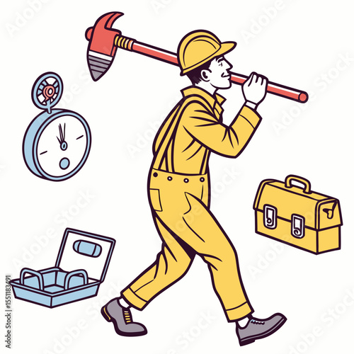 Tradesman character illustration carrying equipment, embodying skilled labor theme