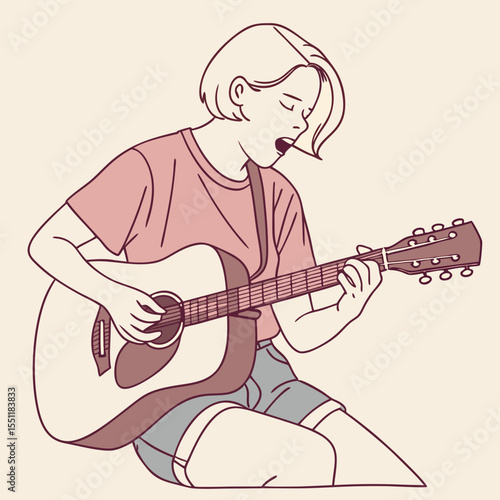 Serene young woman passionately playing acoustic guitar, lost in musical expression
