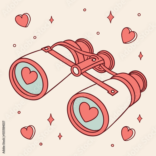 Enamored Vision: Binoculars Framing Love, Hearts, and Sweet Romantic Scenery