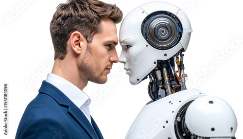 Human and Robot Sharing Eye Contact with Mutual Respect isolated on transparent background. Png
