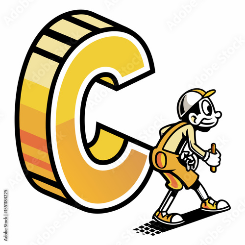 Whimsical character propelling gigantic letter C forward in quirky illustration