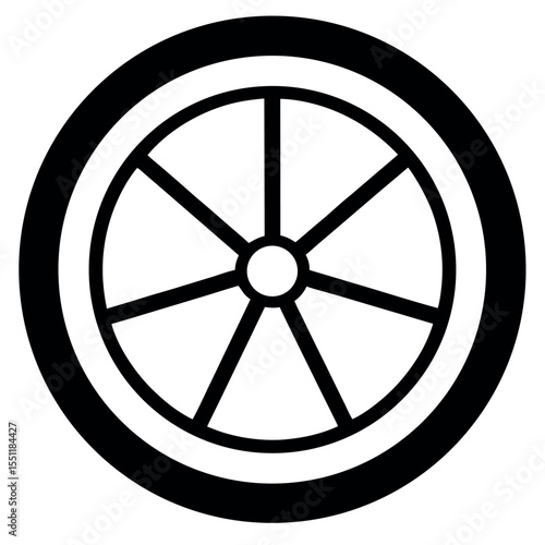 Black and White Illustration of a Wheel with Spokes and Thick Tire