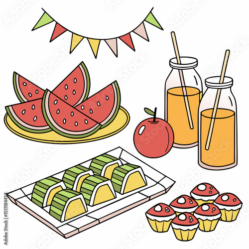 Celebration picnic with fresh fruits, juice, rice cakes, and cupcakes illustration