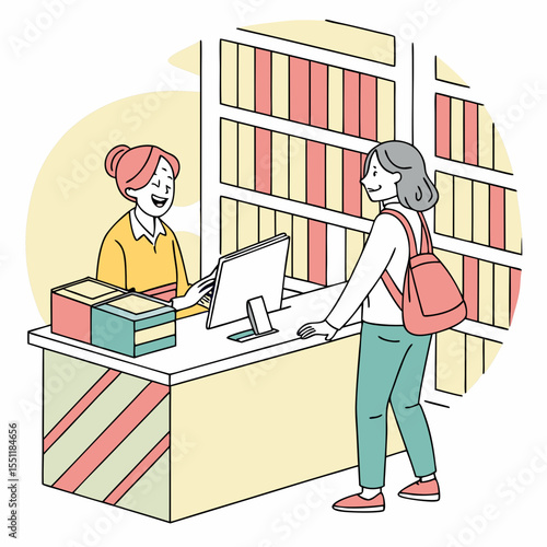 Friendly librarian assisting a student at the circulation desk with books
