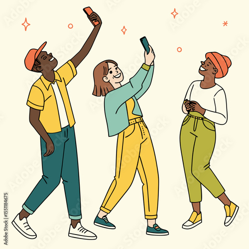 Diverse group enjoying modern technology, sharing moments, taking selfies together