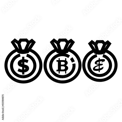 Three Money Bag Icons Showcasing Dollar Bitcoin And Ethereum Signs In Simple Vector Style