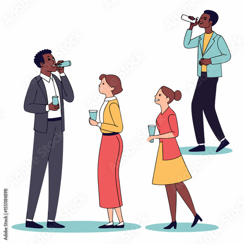 Stylized depiction of people hydrating with glasses and bottles of water