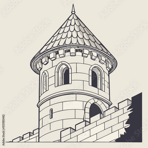 Monochromatic illustration showcasing a medieval castle turret and fortified wall