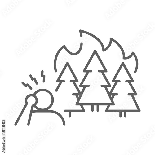 Stressed Person Forest Fire Icon. Editable Stroke Outline. Climate Anxiety Symbol. Environmental Disaster Concept. Burning Trees and Panic Reaction.