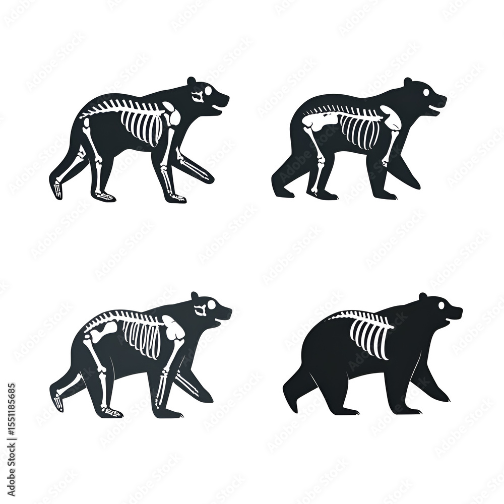 Obraz premium Bear Skeleton Anatomy Four Views, Walking Pose, XRay Style
