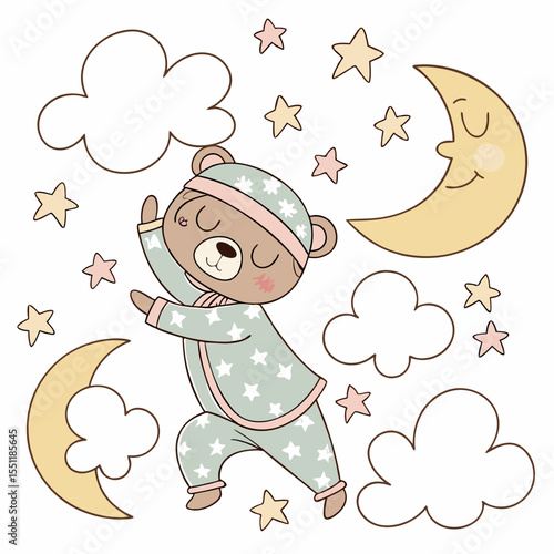 Dreamy slumber illustration: A whimsical teddy bear under crescent moons and stars