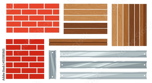 Vector Building Material Elements – Brick Wall, Wood Planks, and Metal Sheets Flat Illustration