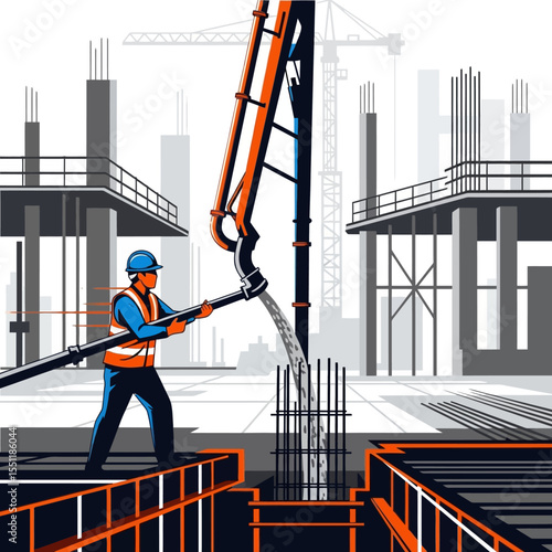 Concrete Pumping at Construction Site – Worker Pouring Concrete Foundation Vector Illustration