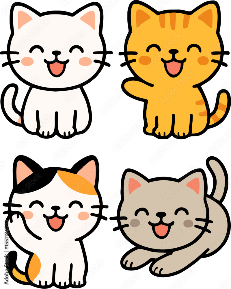 Fototapeta premium cute cartoon cats with different colors sitting and smiling for kids vector animal illustration