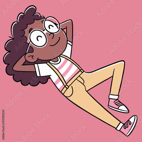 Cartoon girl relaxing: A whimsical illustration of carefree repose on pink backdrop