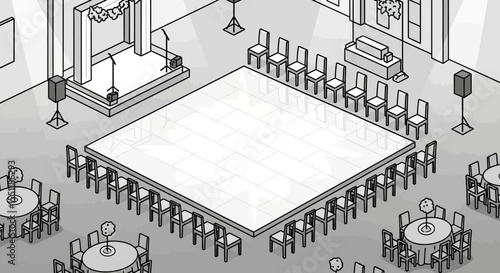 Event Venue Isometric Illustration – Stage and Seating Layout for Wedding or Reception