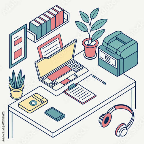 Isometric view of a modern workspace showcasing essential tools and decor elements