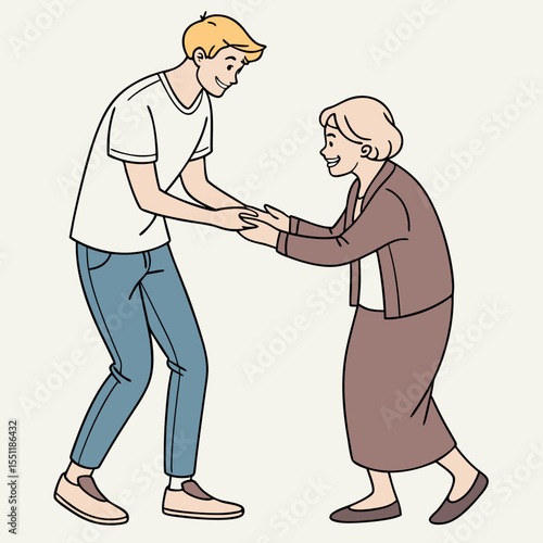 Intergenerational connection a young man helping an elderly woman with love