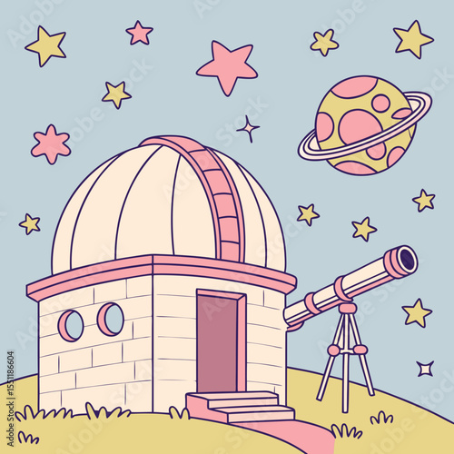 Stylized astronomical observatory illustration with celestial bodies and pastel shades