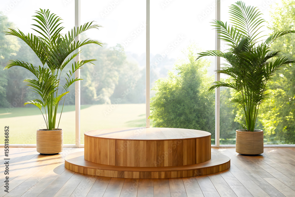 Fototapeta premium Modern Indoor Wooden Stage with Plants and Scenic View Through Glass Windows