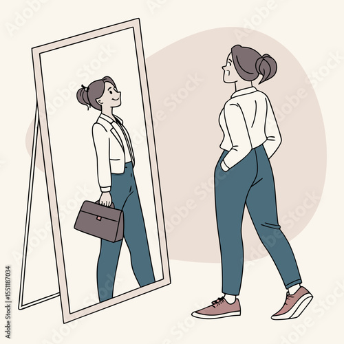 Confident professional woman admires her reflection in a full-length mirror display