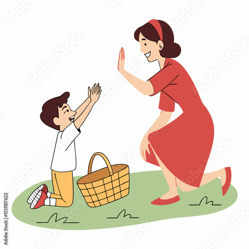 Joyful interaction between a mother and son during a cheerful picnic time outdoors