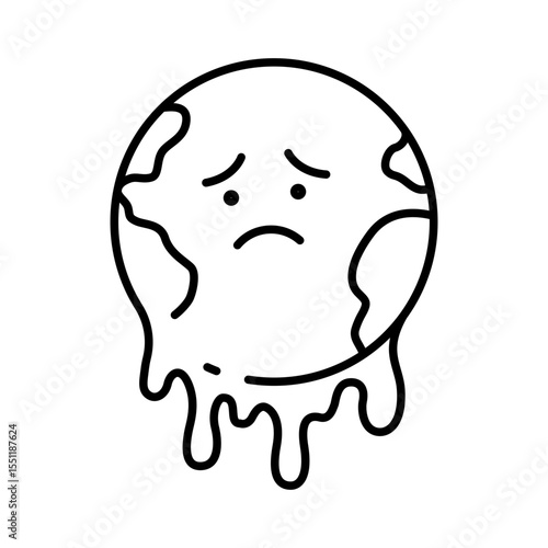 Melting Earth Icon. Climate Anxiety Outline. Sad Planet Global Warming Symbol. Environmental Crisis Line Style.