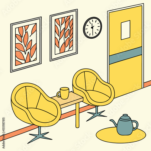 Isometric waiting room illustration with vibrant colors and minimalistic design