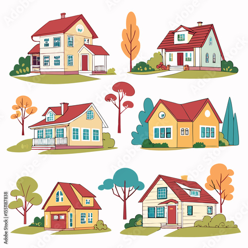 Collection of charming hand-drawn houses representing suburban lifestyle and homeownership