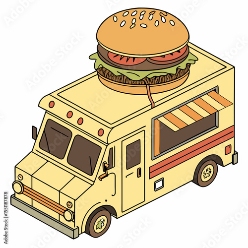 Isometric food truck illustration, a giant hamburger on the roof, tasty concept
