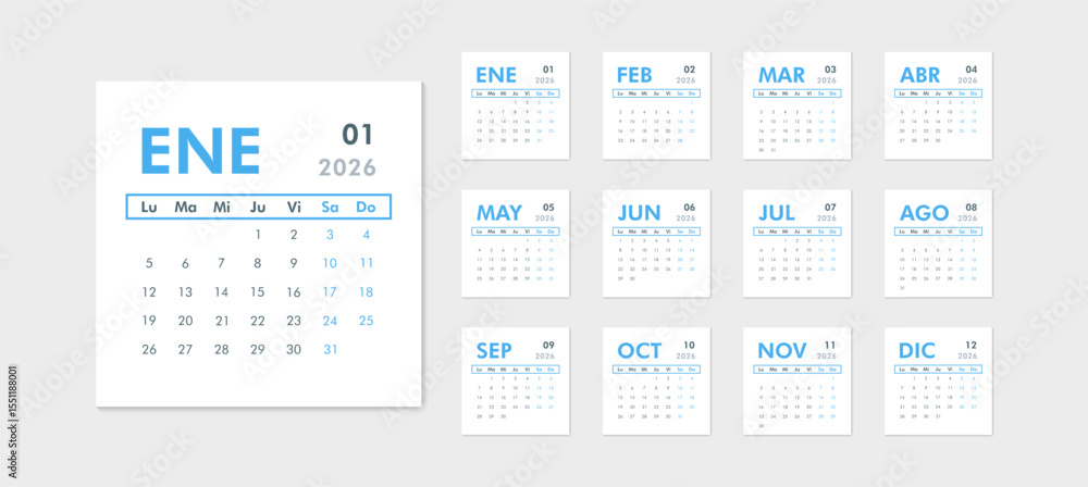 2026 calendar modern classic on Spanish language. Week starts on Monday. Desk or wall blue calendar in minimalist style 2026 calendar modern classic on Spanish language. Week starts on Monday. Desk or wall blue calendar in minimalist style