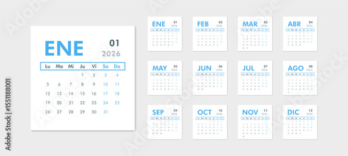 2026 calendar modern classic on Spanish language. Week starts on Monday. Desk or wall blue calendar in minimalist style