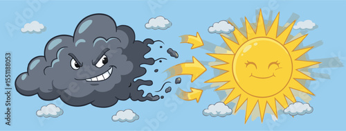Animated Sun Smiling and Banishing Angry Cloud with Arrows in Sky