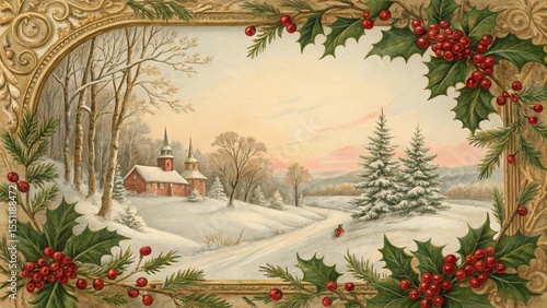 Vintage Christmas Card with Snowy Church and Holly Berry Border Illustration