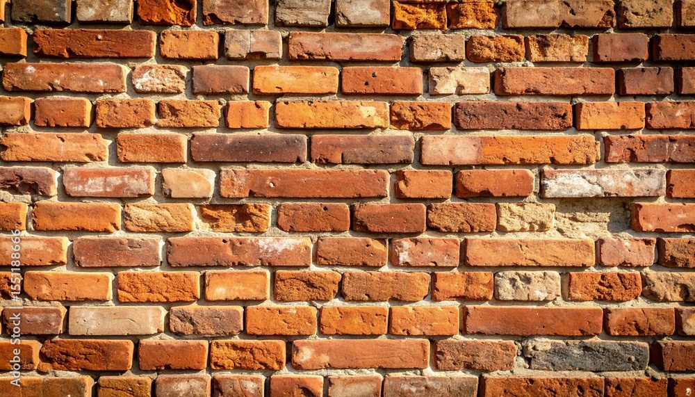 Obraz premium A textured brick wall displays various shades of orange and red with visible mortar lines, creating a rustic and aged architectural background appearance.