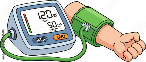 Cartoon blood pressure monitor displaying 120 over 50 with green cuff on arm