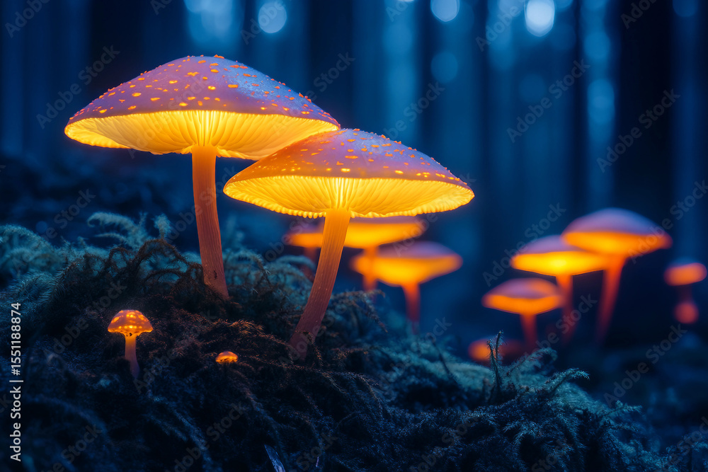 Fototapeta premium Bioluminescent alien planet nature jungle with glowing plants and misty trees in generative ai illustration