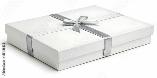 Rectangular white gift box with silver ribbon on white background