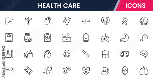 Vector line icons of medical tools, hospitals, doctors, health records, wellness, diagnosis, treatment, and care perfect for apps and websites.