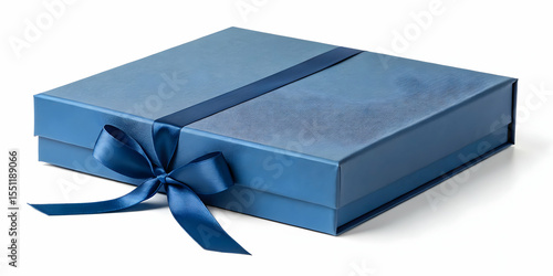 Elegant blue square gift box with satin ribbon on white background