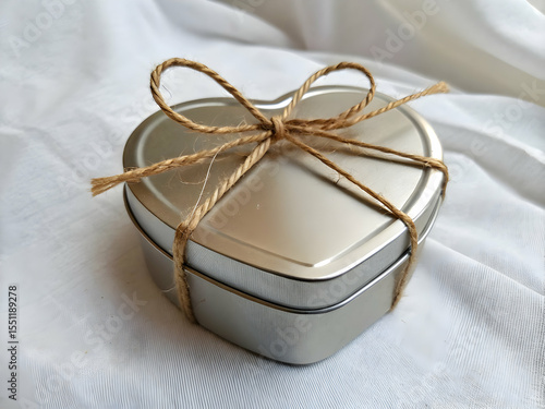 Small heart shaped tin gift container with twine on white backdrop
