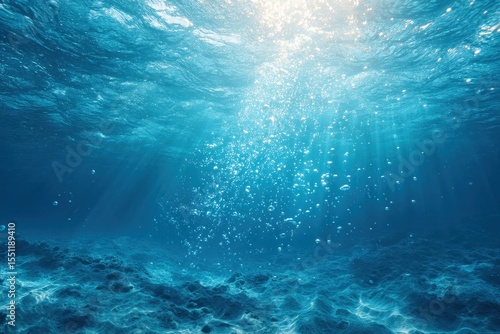 Sunbeams penetrate deep ocean water, illuminating rising bubbles and a rocky seabed