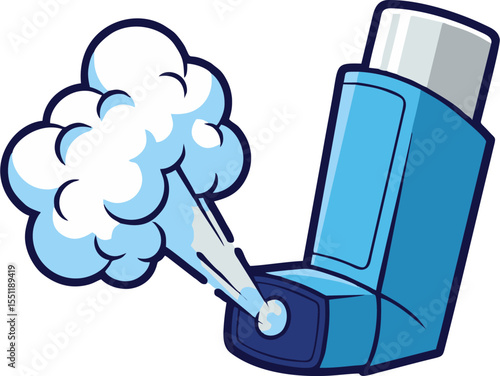 Cartoon Blue Asthma Inhaler with White Mist Cloud Illustration