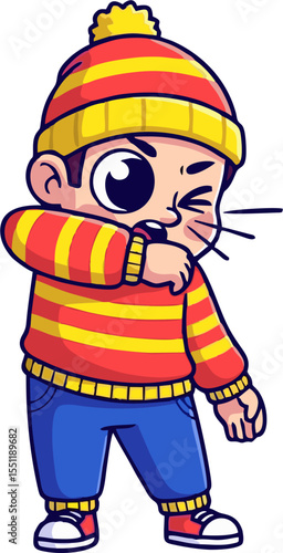 Cartoon boy in striped sweater and beanie coughing into his elbow