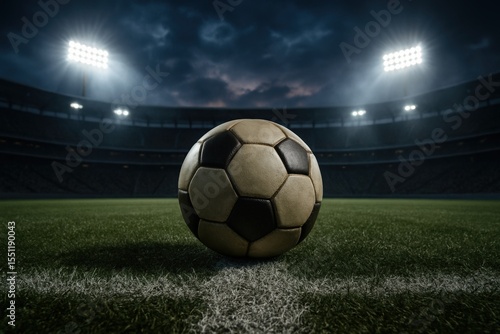 Soccer ball on illuminated stadium field under dramatic evening sky