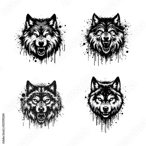 Wolf Angry Silhouette Grunge Splatter and Dripping Spray Effects