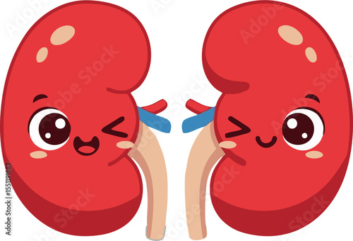 Cartoon Kidneys with Smiling Faces and Winking Eyes, Connected by Ureters