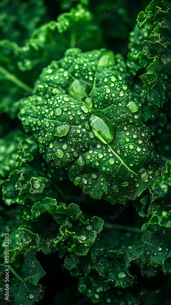 Macro Shot of Fresh Kale Leaf with Dew Drops Macro Shot of Fresh Kale Leaf with Dew Drops